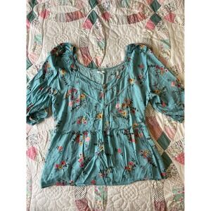 Maurices Womens 1X Floral Babydoll Blouse Teal Blue Rayon 3/4 Sleeve Top Boho